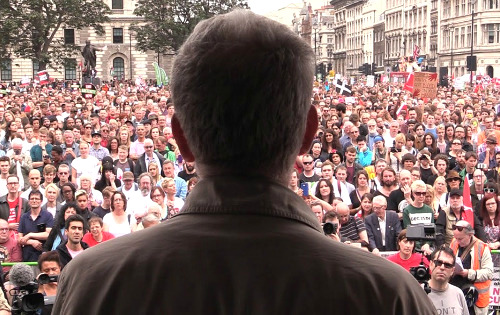British Labour Party leader Jeremy Corbyn speaking at a rally.